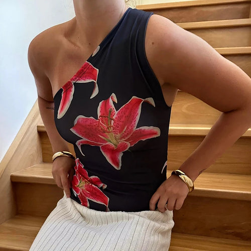 CUTENOVA Floral Print Fitted Tops Women Resort Wear Graphic Tees