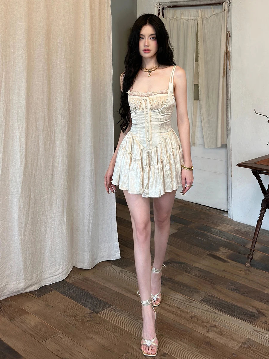 REDDACHiC Medieval Retro Satin Mini Dress Women Stitch Lace Trim