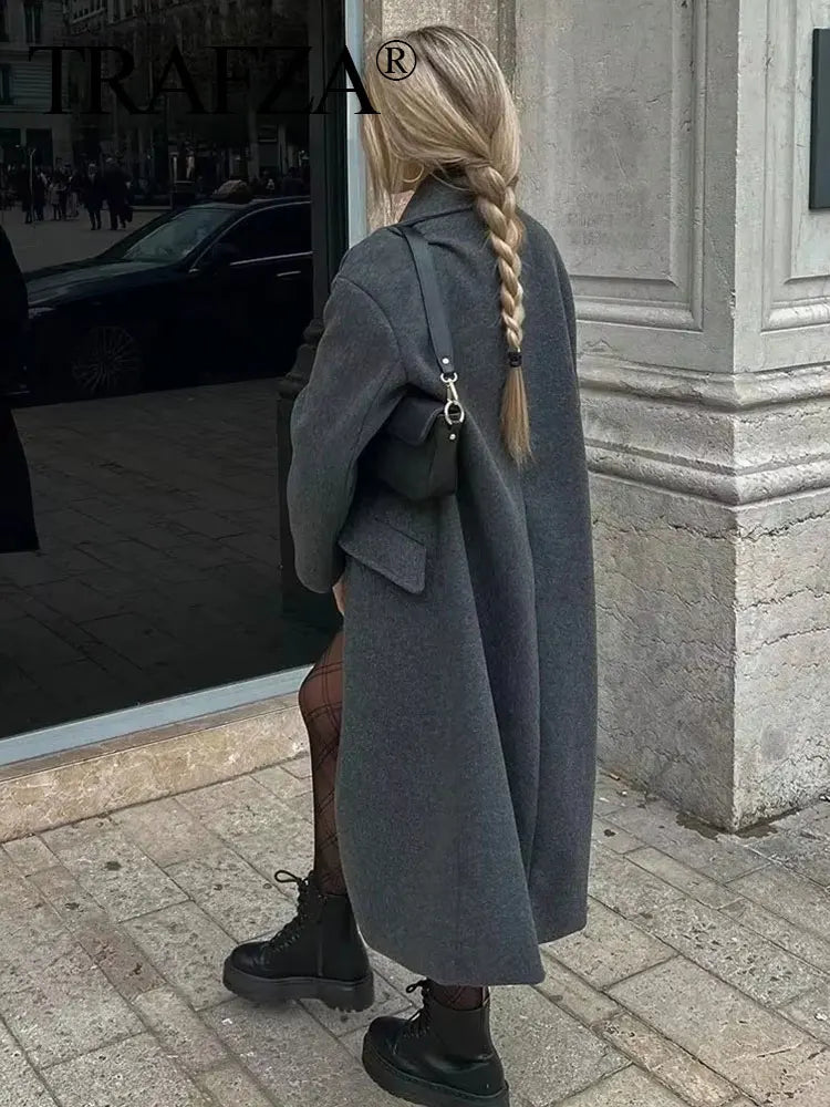 TRAFZA Winter Coat For Women 2024 Solid Lapel Double Breasted Long