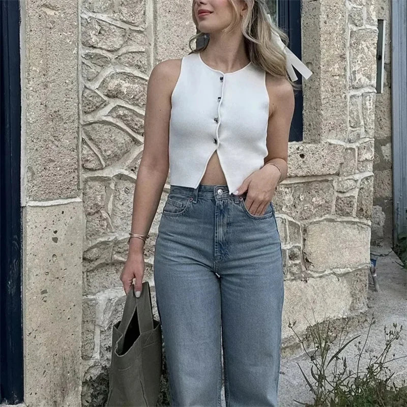 MUJER Cropped Knit Vest Women Cardigan White Sleeveless Vest Woman