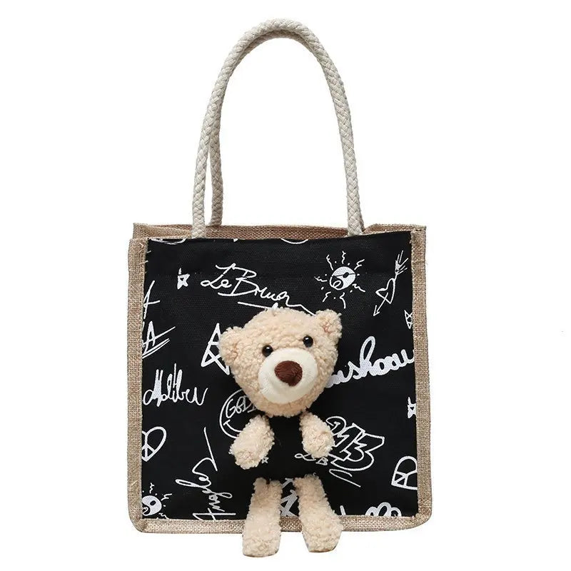 Girls Simple Cute Bear Handbag Ladies Fashion Commuter Canvas Bag