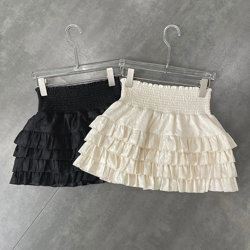Streetwear Y2k Ruffles Mini Skirts Women Sweet Kawaii High Waist Lace