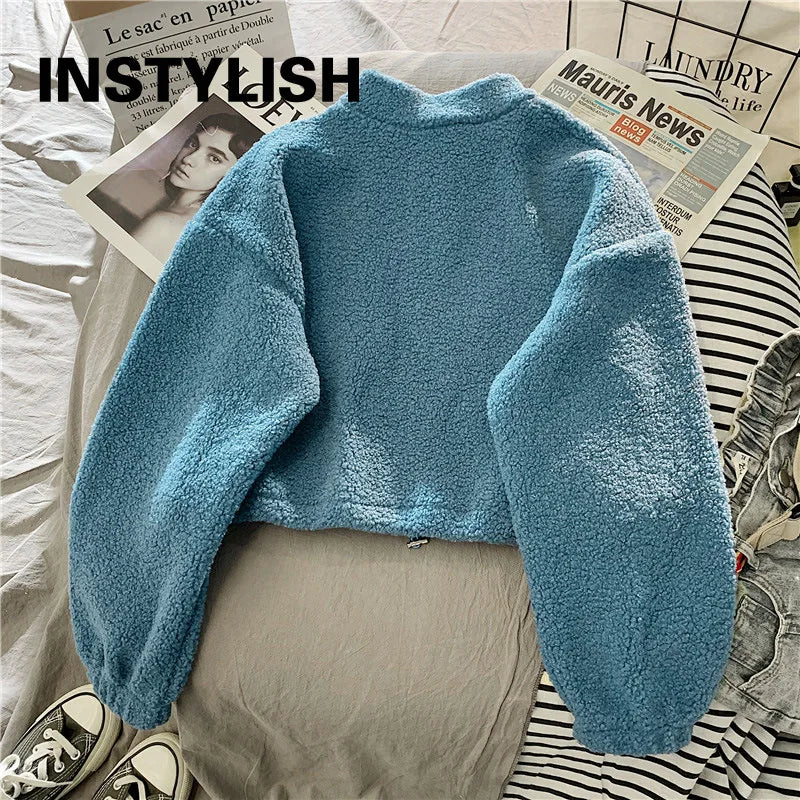 Women Stand Neck Fleece Cropped Hoodies Autumn Letter Embroidery Long