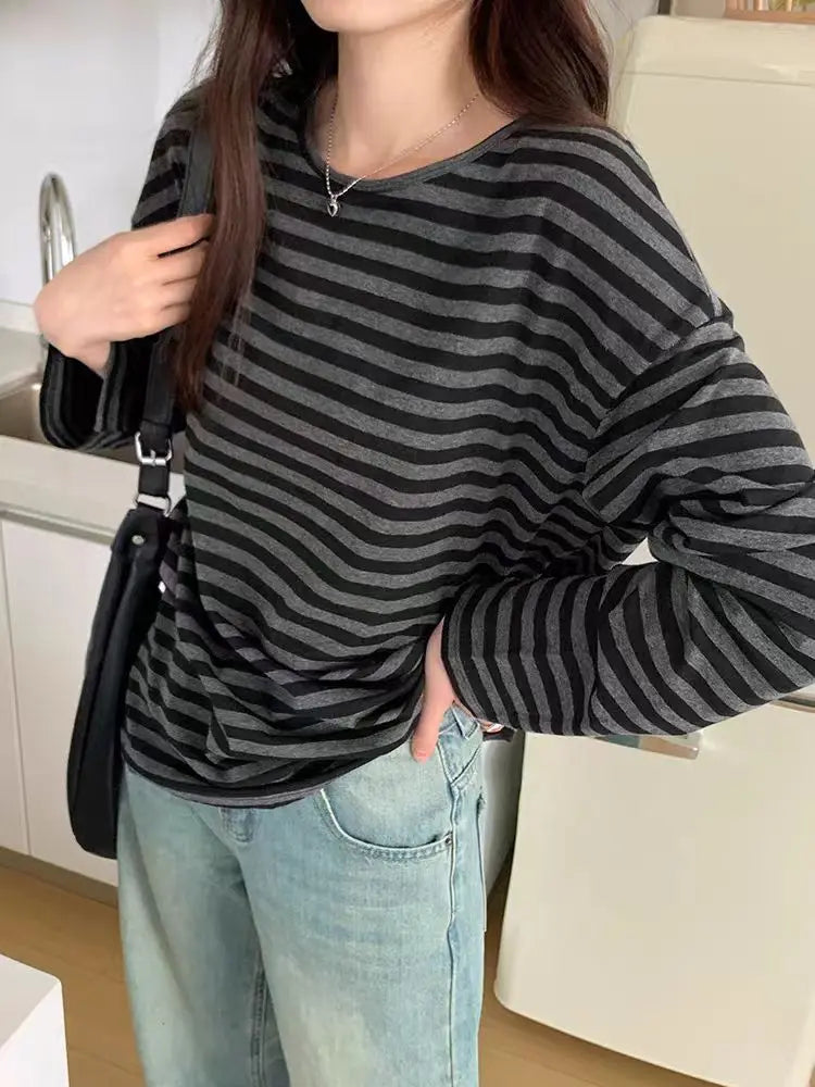 Autumn Women Harajuku Striped T Shirt Long Sleeve O-Neck Casual