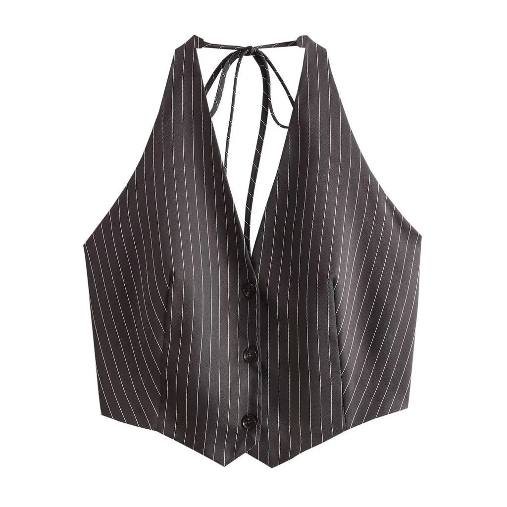 New Women Sexy Backless Bow Tied Striped Print Short Blouse Female