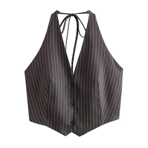 New Women Sexy Backless Bow Tied Striped Print Short Blouse Female