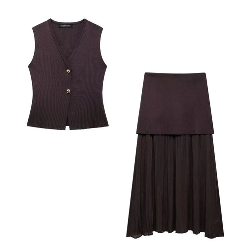 TRAFZA Women 2 Piece Set Chic V-Neck Sleeveless Button Knitted Vest