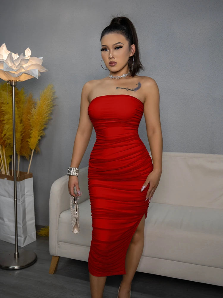 Women Summer Strapless Sexy Slit Bobycon Dress High Waist Off The