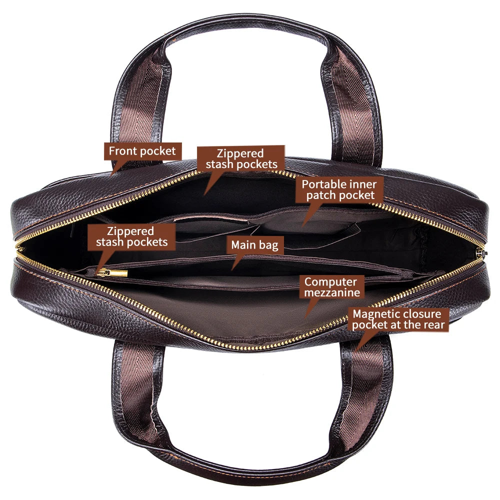Men's leather handbag, top layer cowhide briefcase, leather laptop