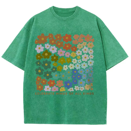 100% Color Flower Letter Print T-Shirt Loose Retro Old Shoulder Wash