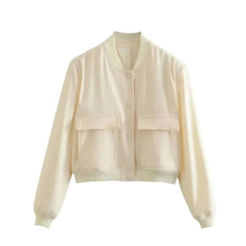 1PCS Woman Bomber Jacket Coat White Autumn Winter Button Baseball