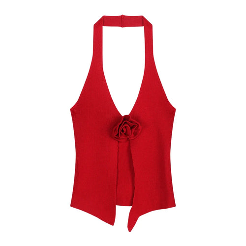 Summer Sweet Flower Knitted Camisole Women's Sexy Halter V-neck