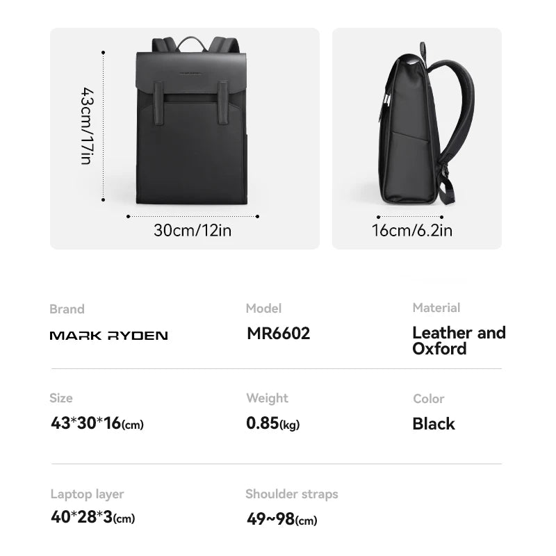 Mark Ryden Classic Business Work Black Leather Backpack 15.6 Inch
