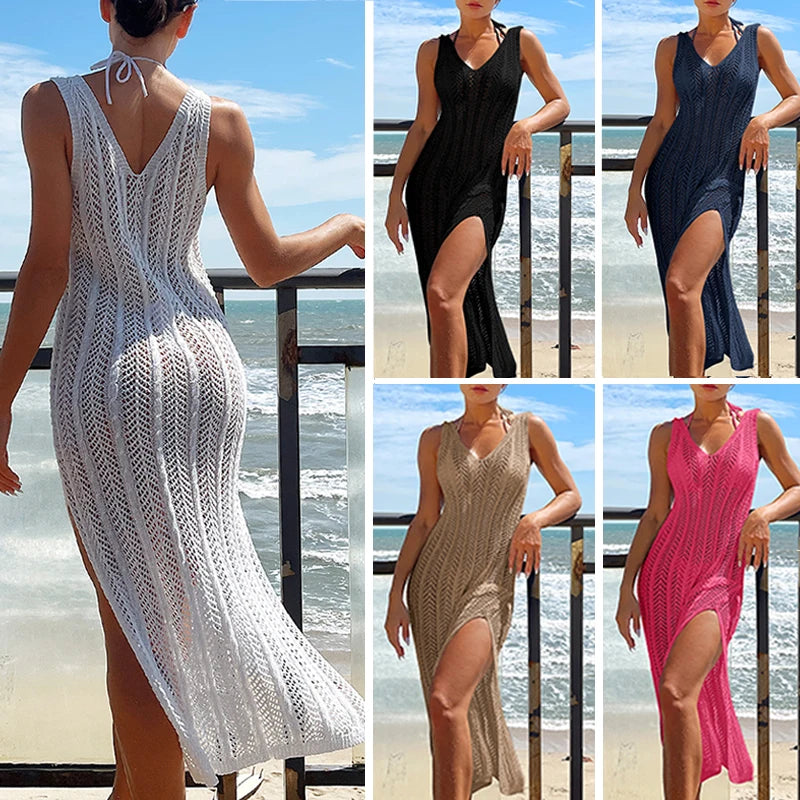 2024 Summer Ladies Vacation Hollow Out Robe Women Chic Solid Knitted