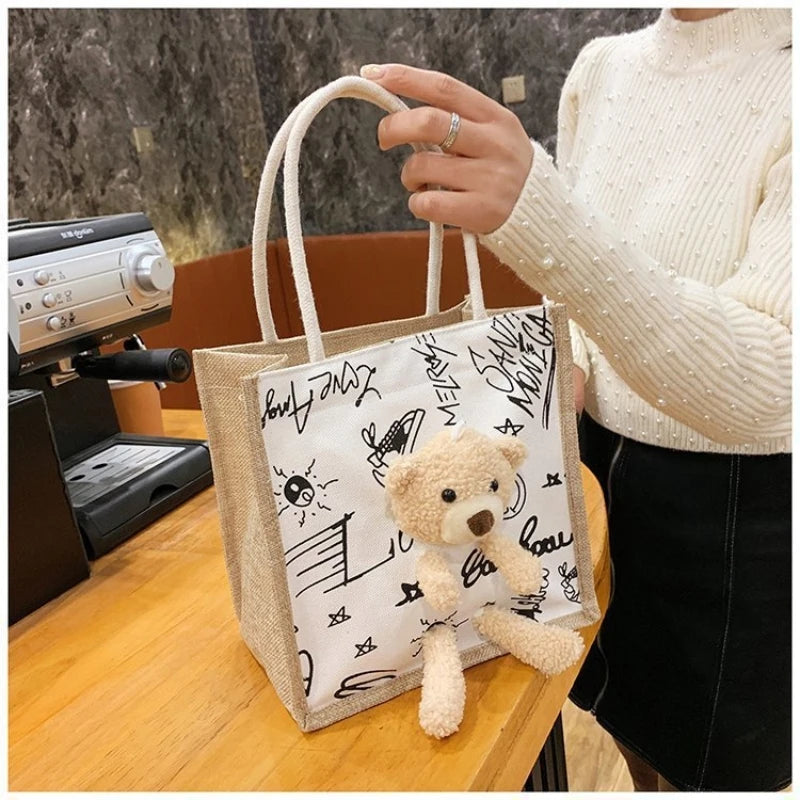 Girls Simple Cute Bear Handbag Ladies Fashion Commuter Canvas Bag