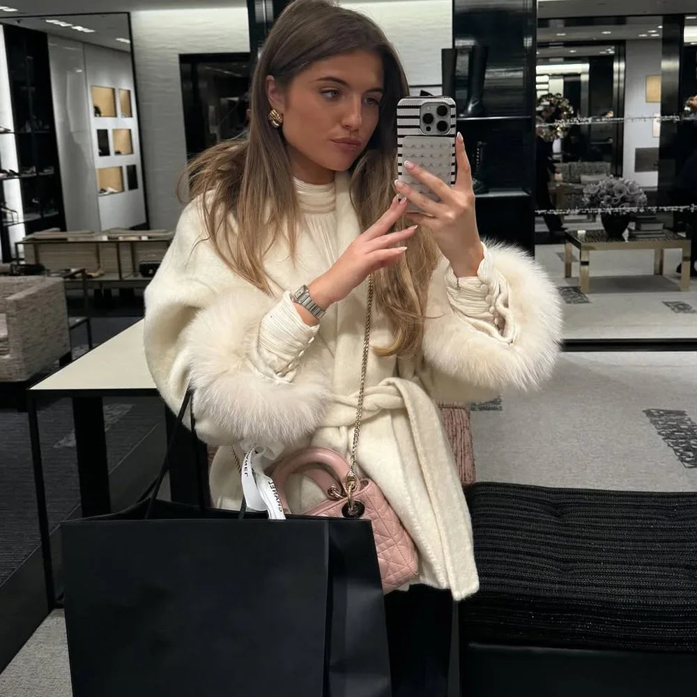 TARUXY Fox Fur Woolen Coats Women's Short Coat Office Lady Removable