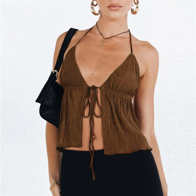 Sexy Summer Cami Top Bowknot Lace-Up Sleeveless Cropped Vest Elegant