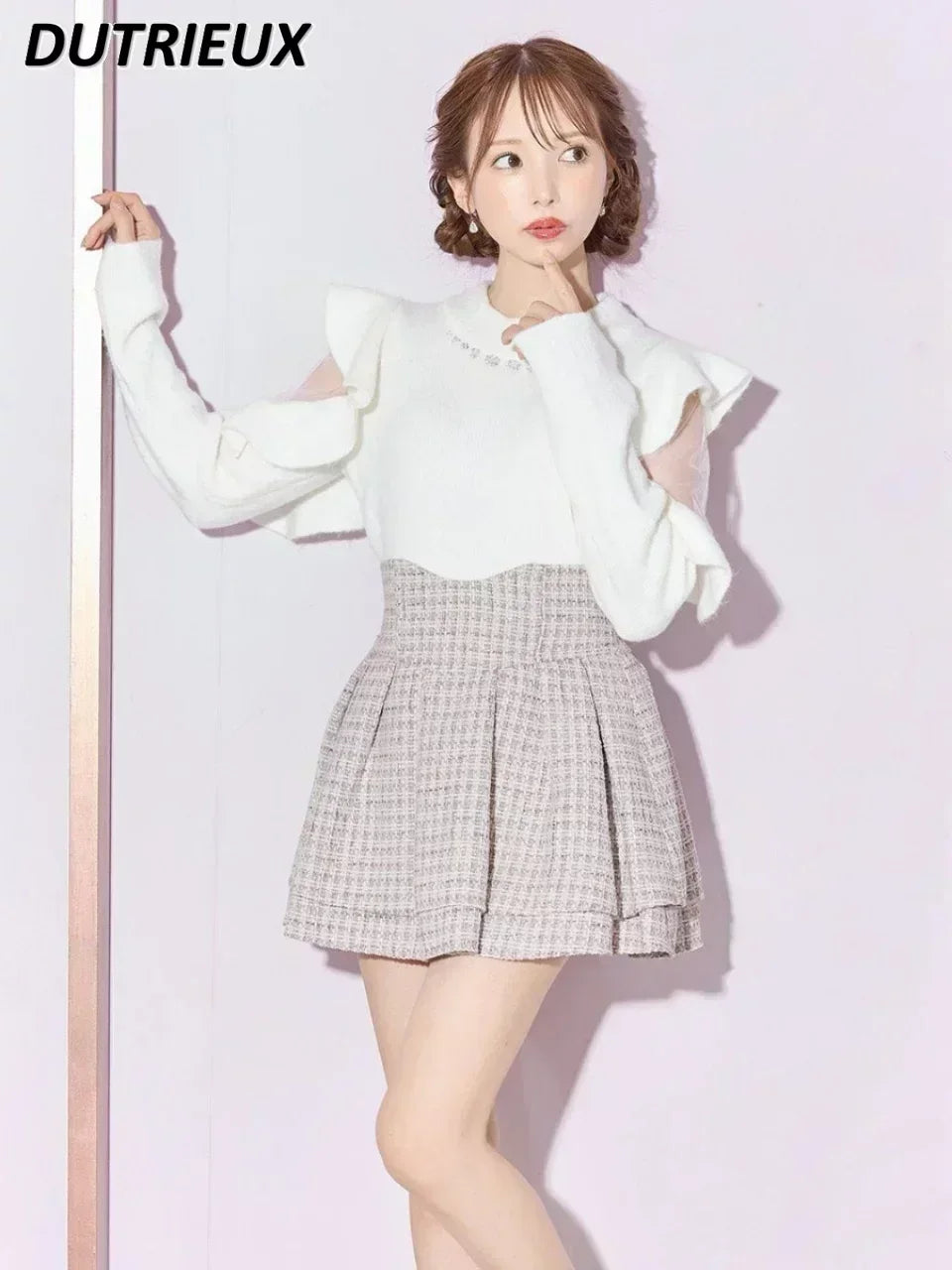 Japanese Lolita Skirts Ruffled Pleated Plaid Skirt Women 2024 Spring