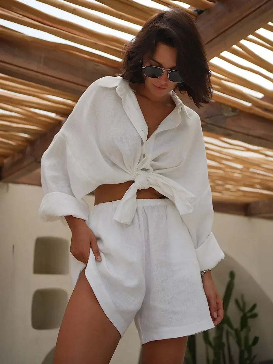 Bornladies Casual Shorts Sets 100% Cotton 2 Pieces Cozy Lapel Lantern