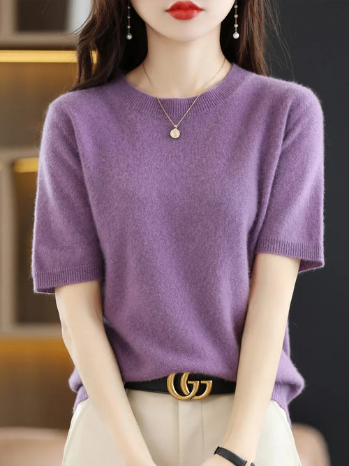 New Short-sleeved Knitwear Women O-neck T-shirt Wool Cotton Blend