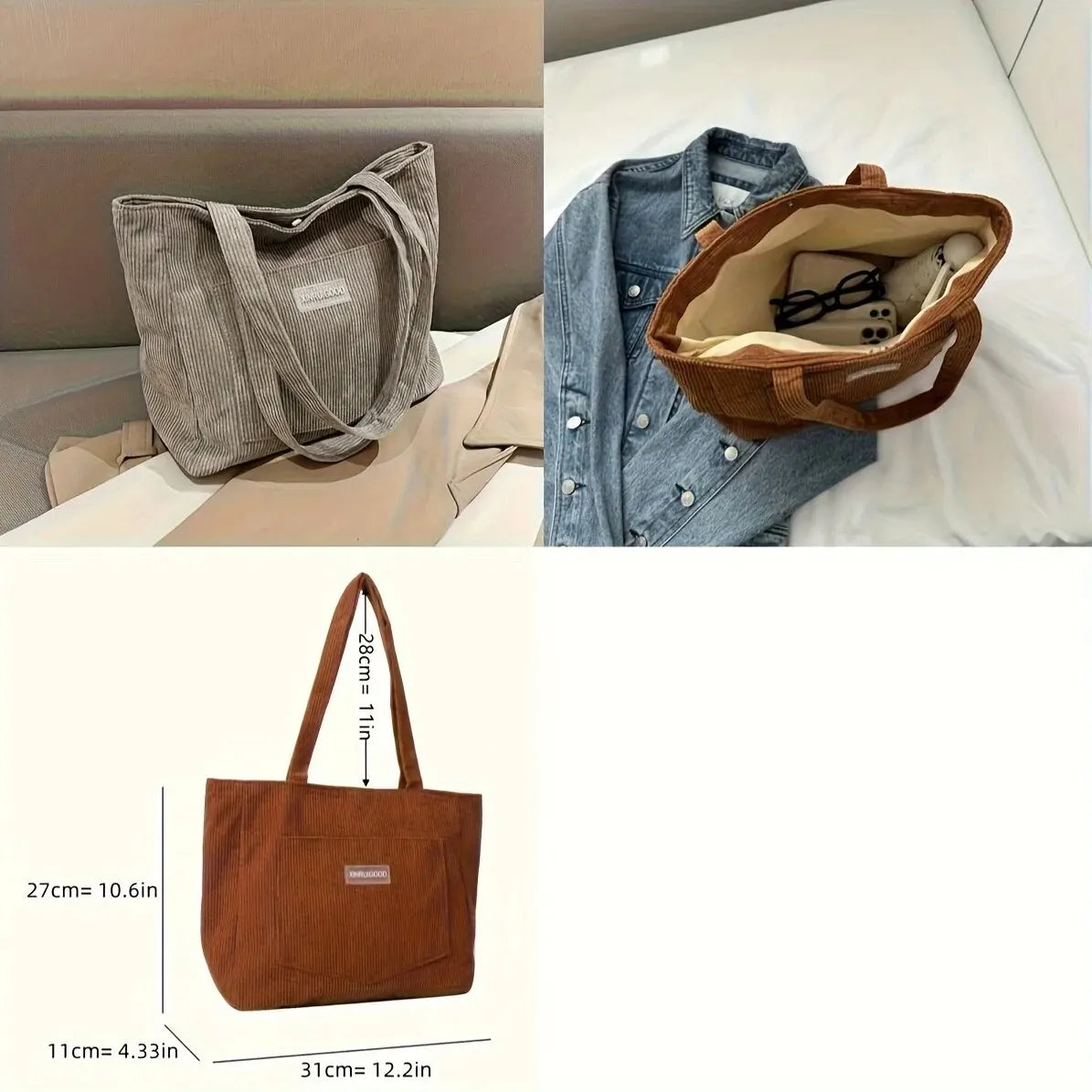 Large Capacity Shoulder Bag Trendy Corduroy Tote Bag Solid Color