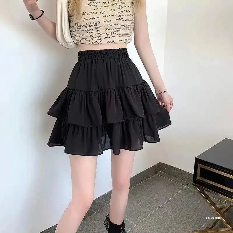 Pleated A-line Skirt White Women Ruffles Sweet Hottie Preppy Style