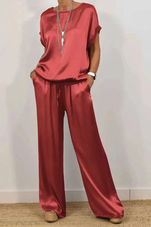 Casual Loose Satin T Shirt Pants Two Piece Sets Women Fashion O-neck