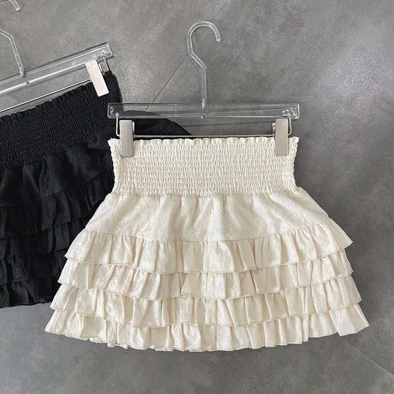 Streetwear Y2k Ruffles Mini Skirts Women Sweet Kawaii High Waist Lace