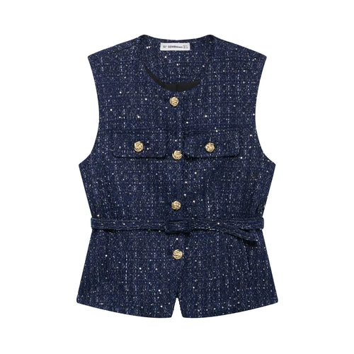 TRAFZA Women Fashion Tweed Belt Waistcoat O Neck Single Breasted