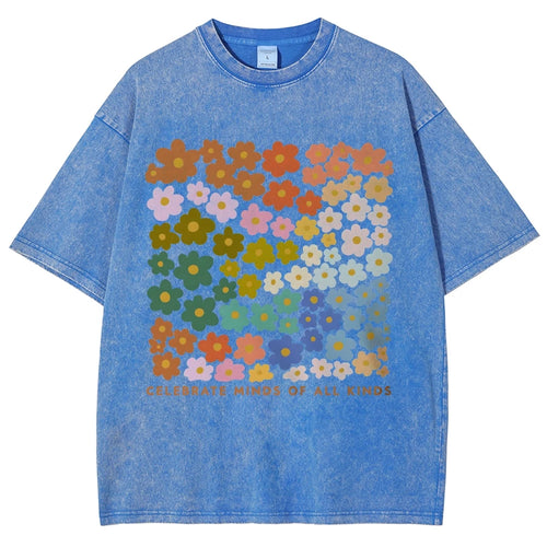 100% Color Flower Letter Print T-Shirt Loose Retro Old Shoulder Wash