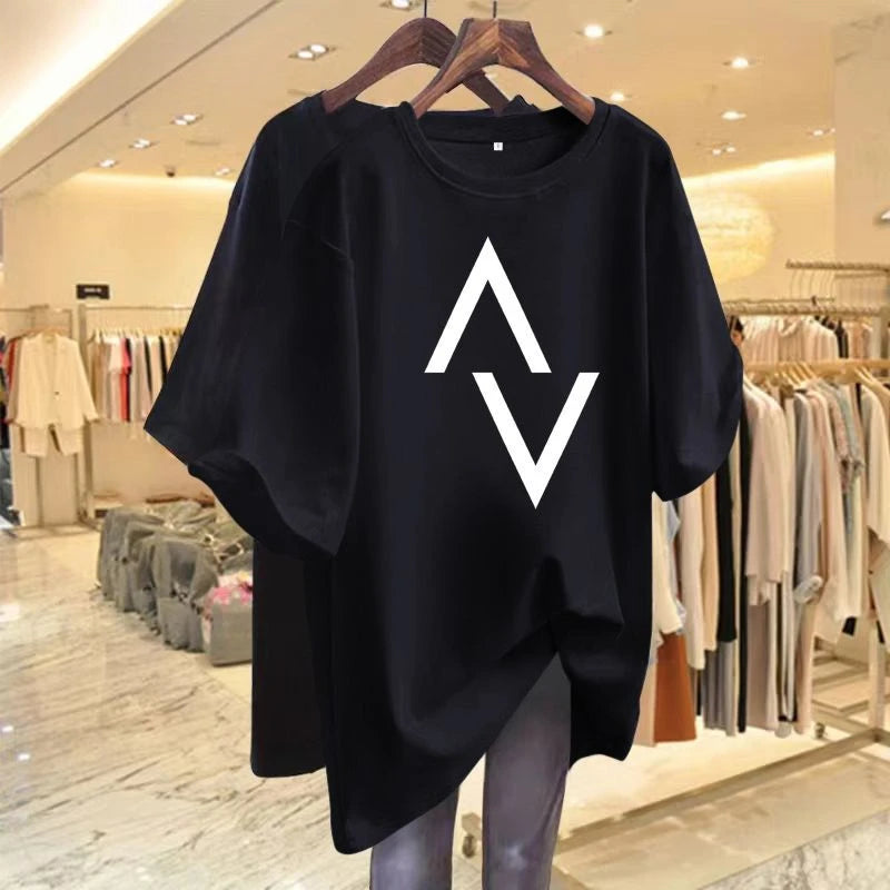 Loose casual cotton women's T-shirt with elegant printed short sleeved