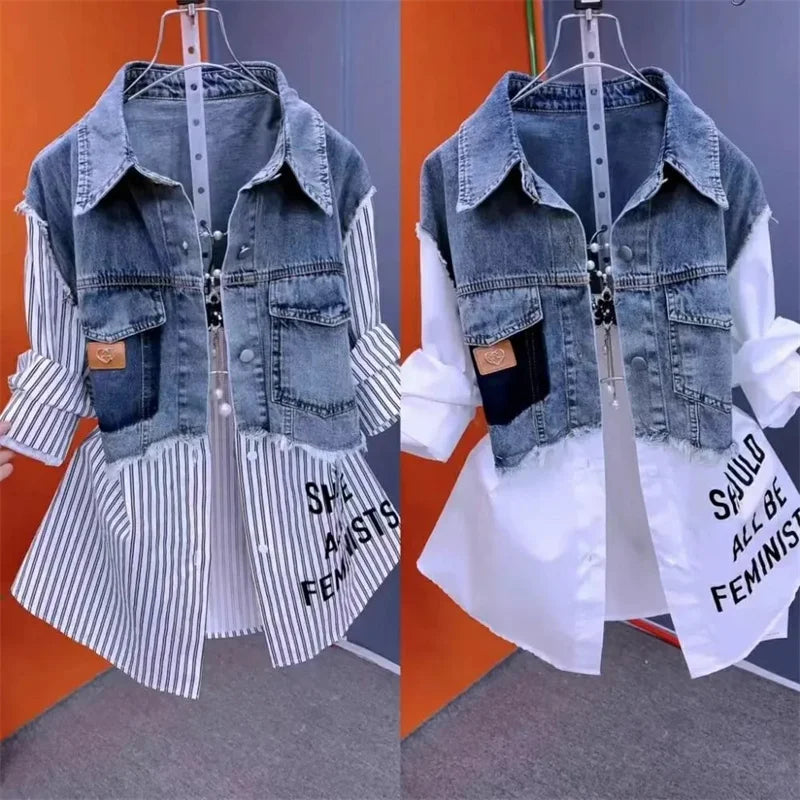 Women Denim Jacket Fake Two Denim Shirts 2024 New Spring Summer Autumn