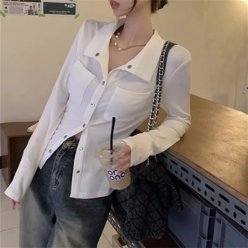 Women T-shirt Spring Autumn Clothes Ribbed Knitted Long Sleeve Short