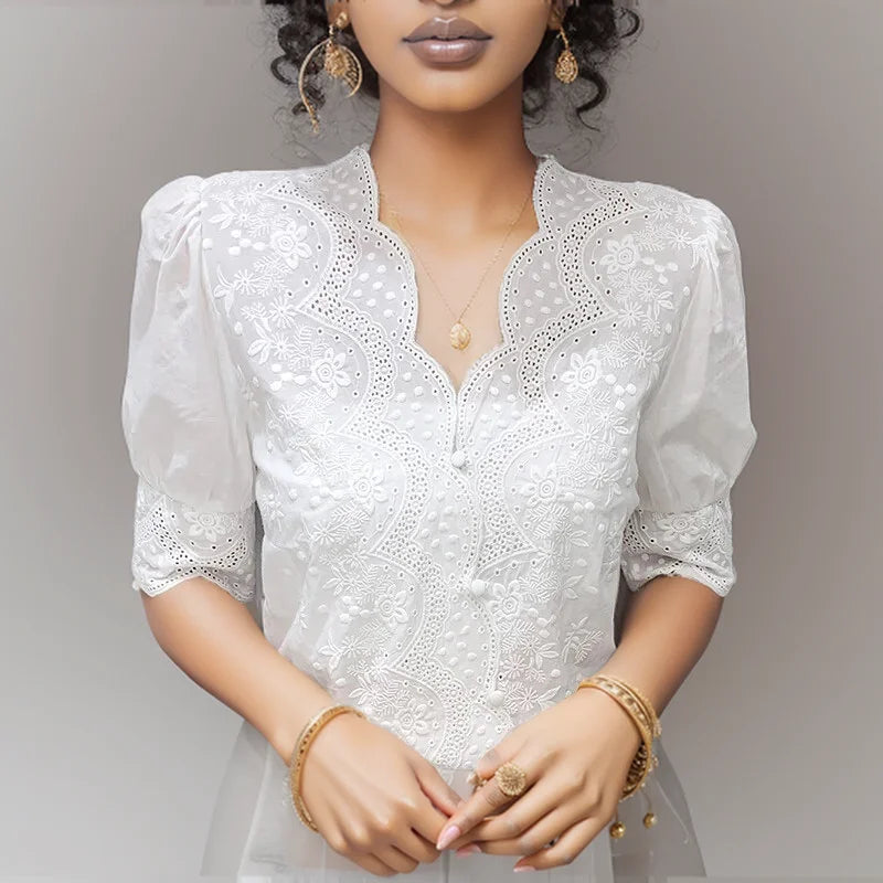 Summer Embroidery Puff Sleeve Linen Cotton Women Blouse Spring Casual