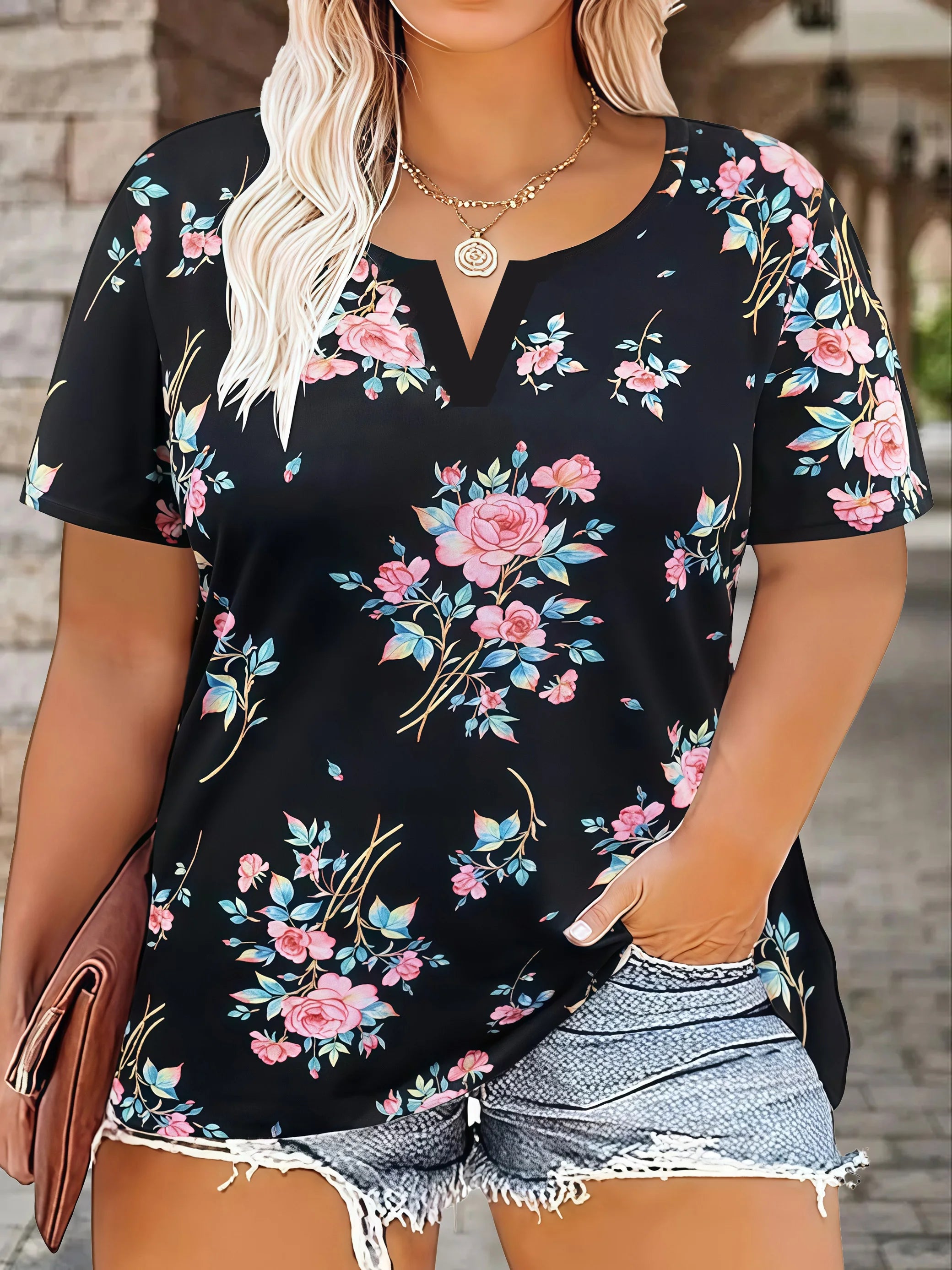 Plus Size Women's Casual Loose Fit Leopard Floral Print Short Sleeve
