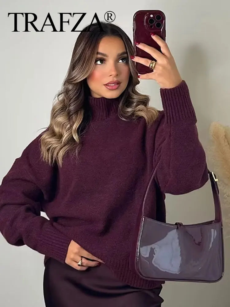 TRAFZA Women Vintage Burgundy Turtleneck Sweater Casual Long Sleeve