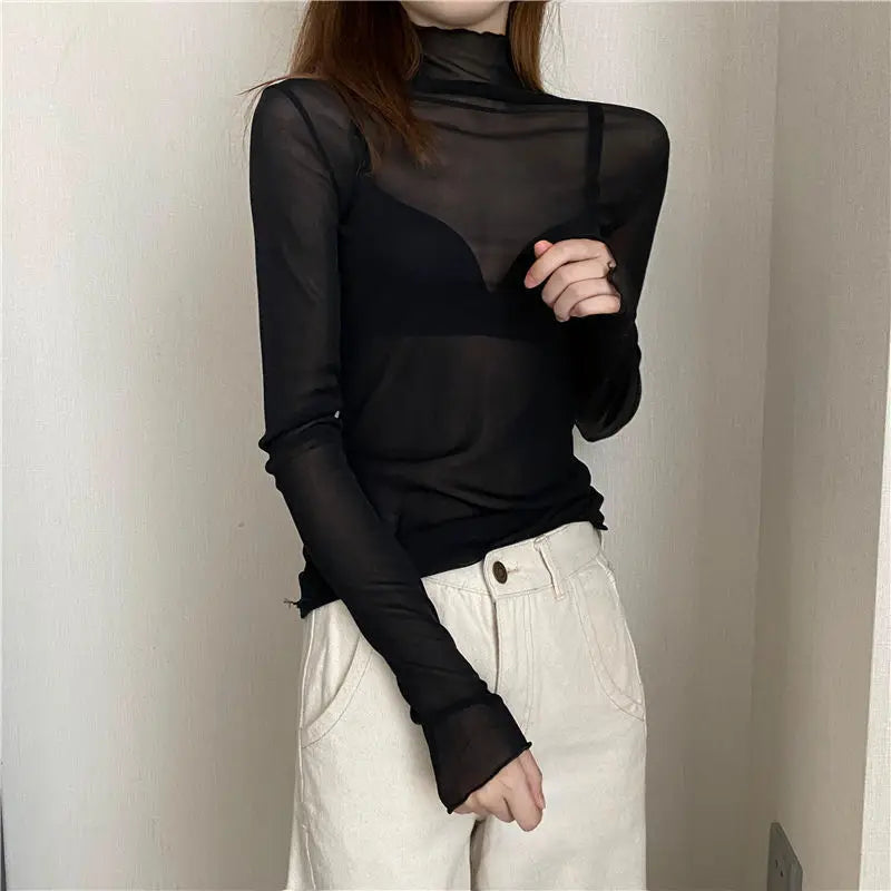 Sexy Women T Shirt See Through Transparent Mesh Tops Long Sleeve Sheer