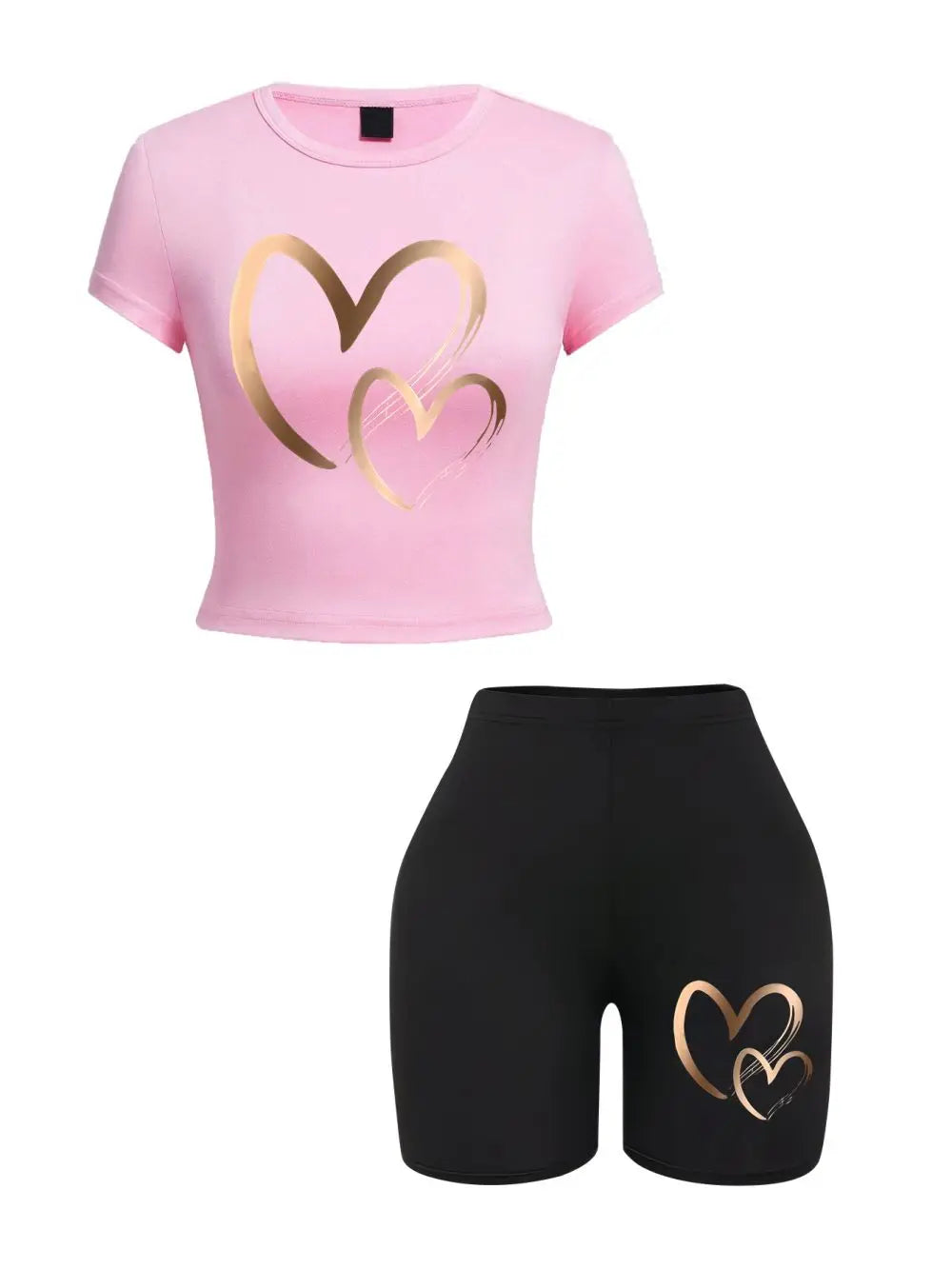 Summer Women Slim-fit T-Shirts & Shorts 2 Pieces Set Simple Hearts