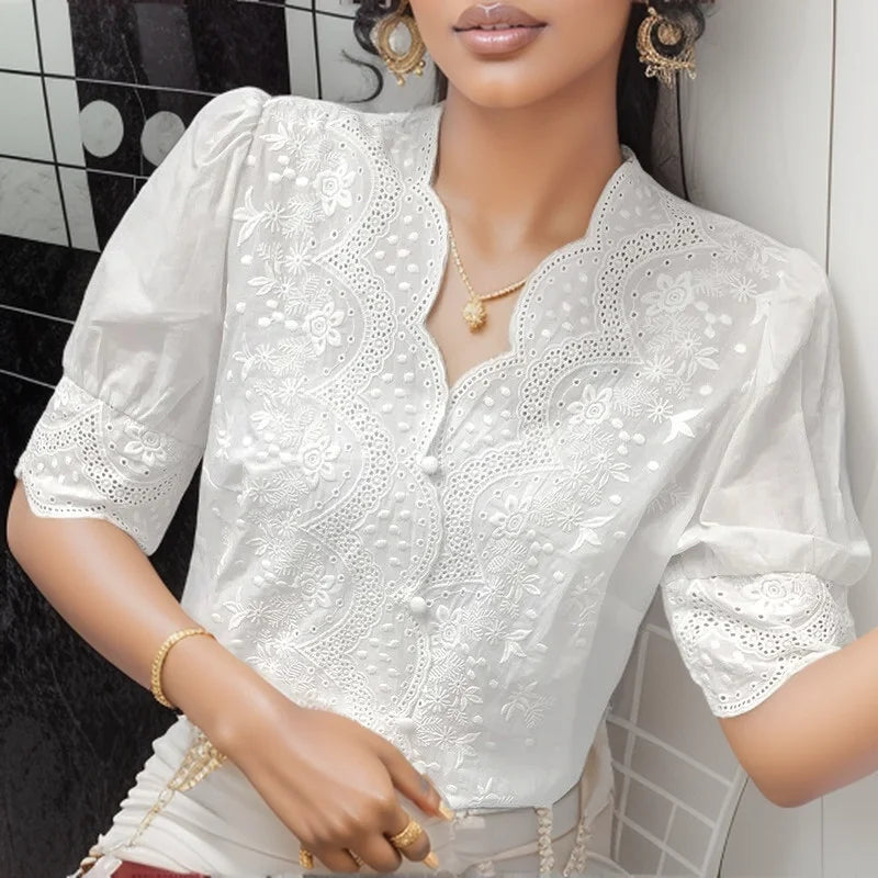 Summer Embroidery Puff Sleeve Linen Cotton Women Blouse Spring Casual