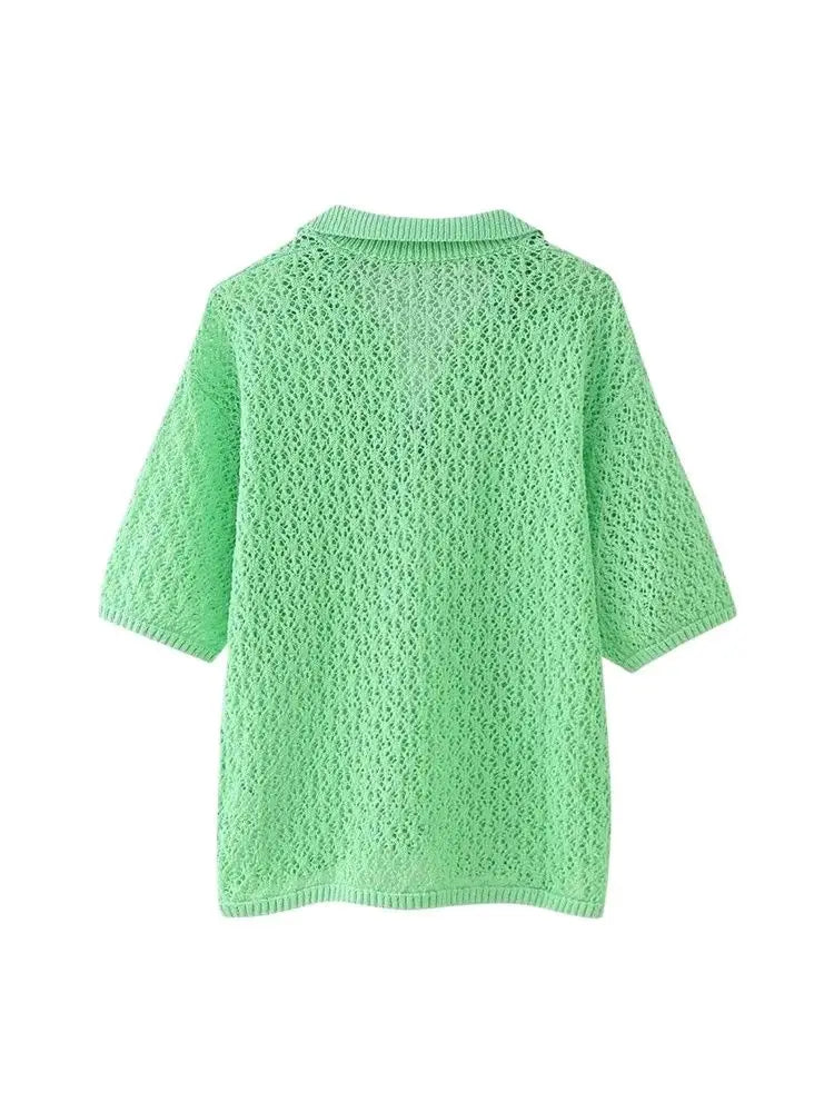 TRZA Women Fashion Pointelle Knit Loose Sweater Polo Collar Short
