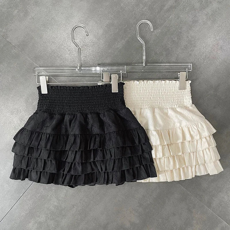 Streetwear Y2k Ruffles Mini Skirts Women Sweet Kawaii High Waist Lace