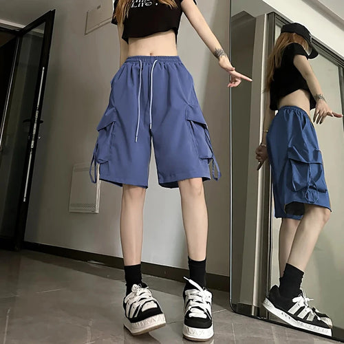 Gidyq Women High Waist Cargo Shorts American Style Streetwear Summer