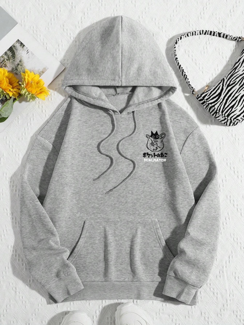 Cute Cat Cartoon Printed Sweatshirt Women Harajuku Casual Loose Hooded