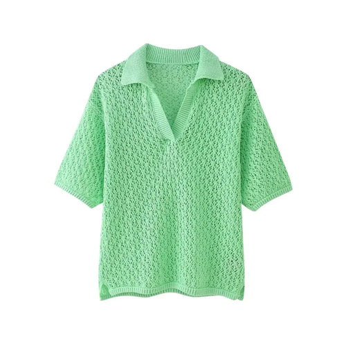 TRZA Women Fashion Pointelle Knit Loose Sweater Polo Collar Short