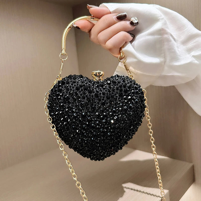 Luxury Diamond Inlay Heart Shape Crystal Clutch Purse Stones Evening
