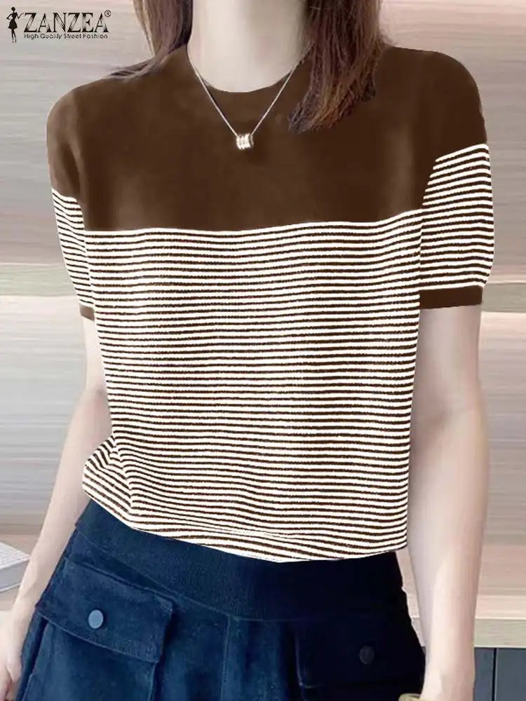 ZANZEA Women Summer T Shirt Vintage Striped Short Sleeve Tee Korean