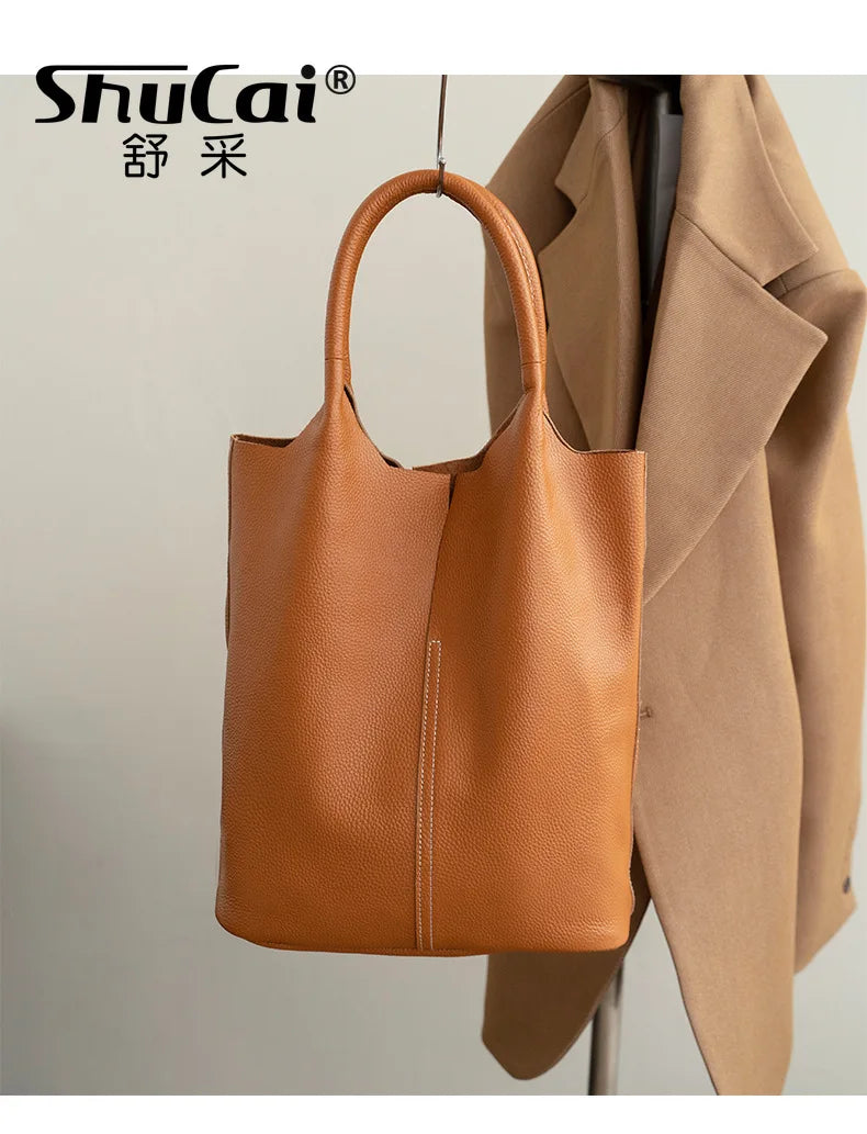 Genuine Leather Commuter Tote Bag Simple Ladies Soft Cowhide Tote