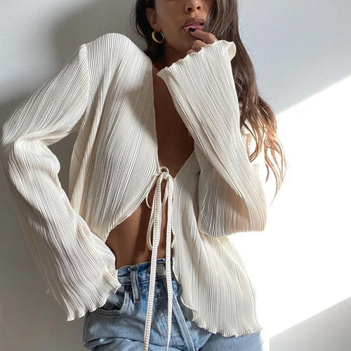 Women Pleated Plain Shirts Spring Fall Chic Long Flare Sleeve V- Neck
