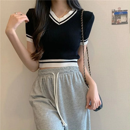 Sexy Versatile V-neck Short Sleeve T-shirt Women Summer Design Fresh