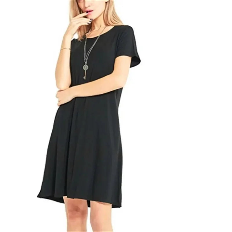 Women Mini Dress Summer Casual Boho Beach Dresses Solid Color O-Neck